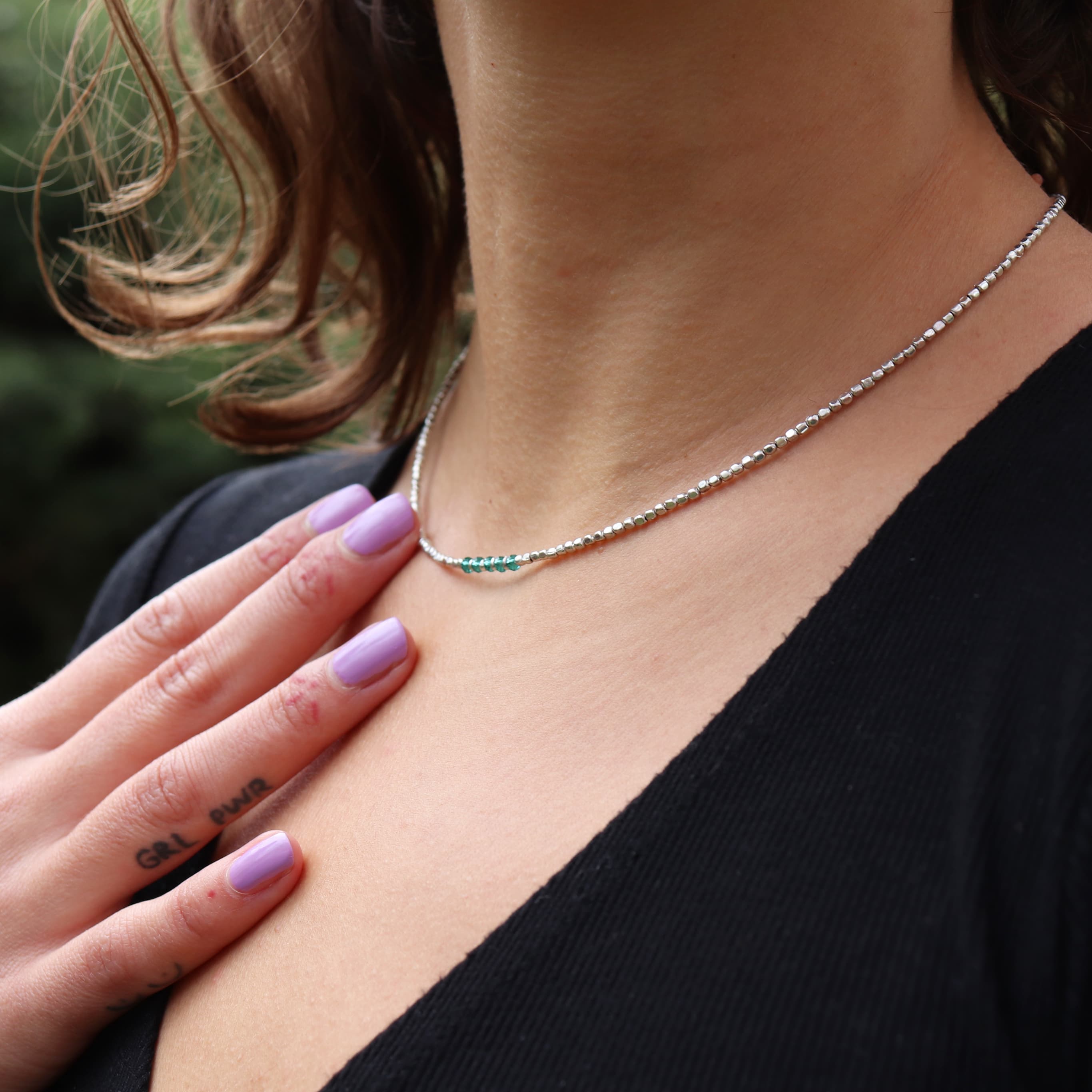Seed Necklace — Green, Silver-plated Brass